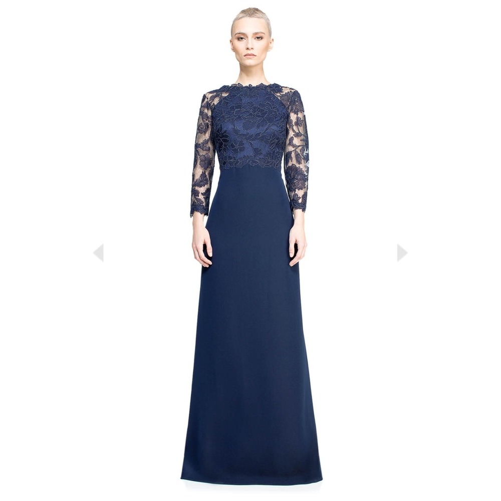 Tadashi Shoji Royal Blue Peony Lace Long Sleeve Evening Gown Dress Size 16